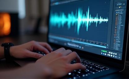 Person editing audio waveform on computer screen