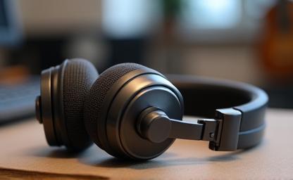 Microphone and headphones on a desk, representing podcasting