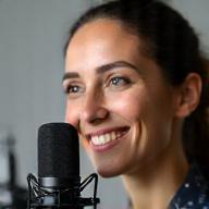Smiling professional speaking into a microphone